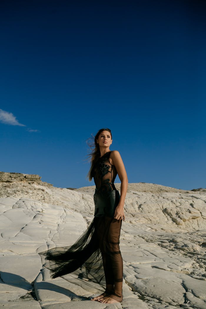 A stylish woman poses elegantly in a sheer black dress on a rocky terrain under a clear blue sky.